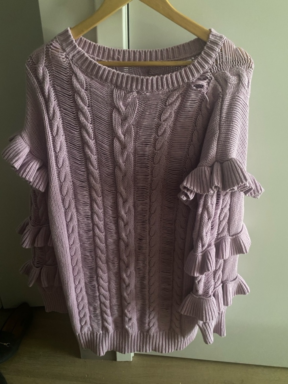 Tularosa Lilac Cable-Knit Ruffle Sleeve Sweater- Size XL